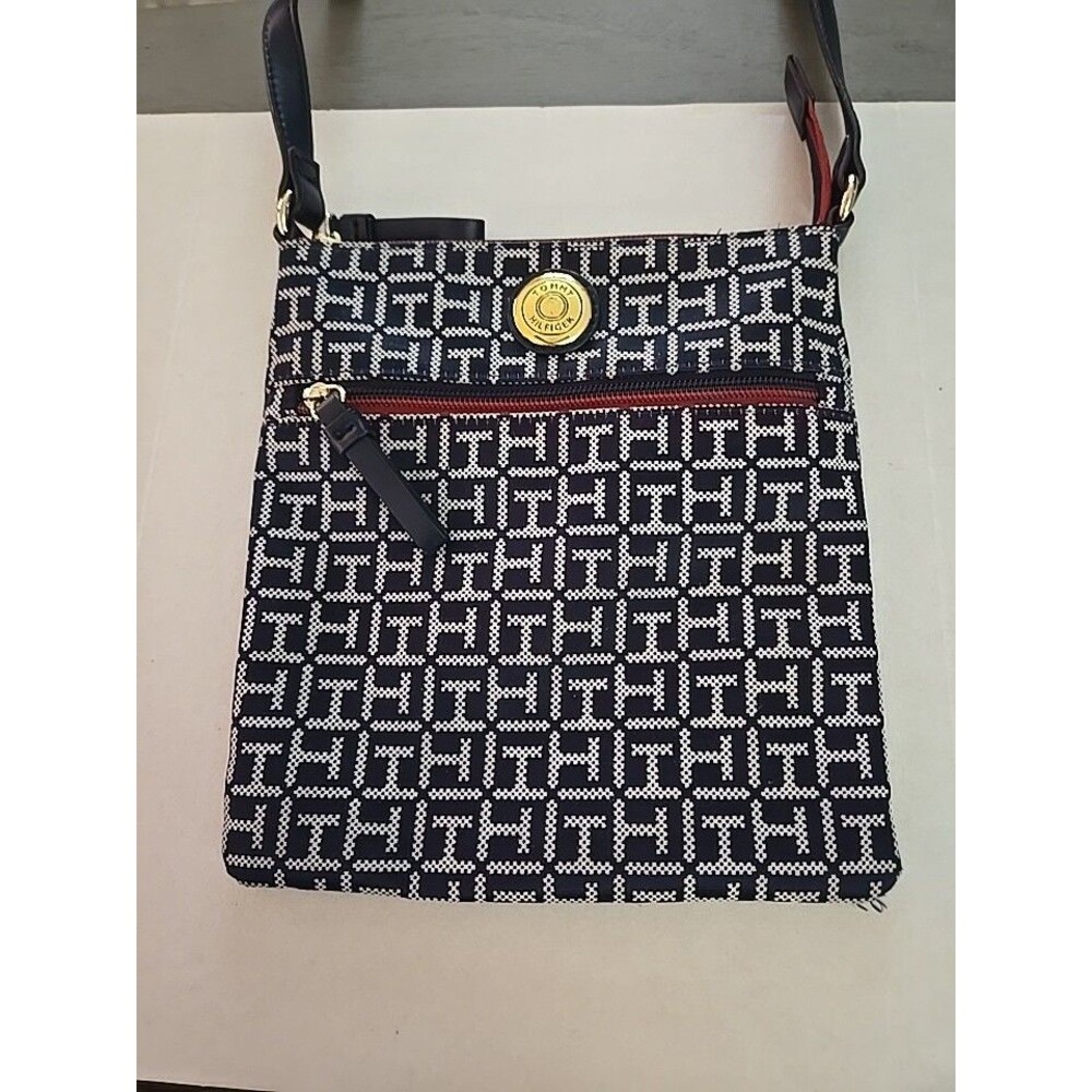 Tommy Hilfiger Crossbody Bag Monogram Black/Tan W/Red Accents Gold Logo Button